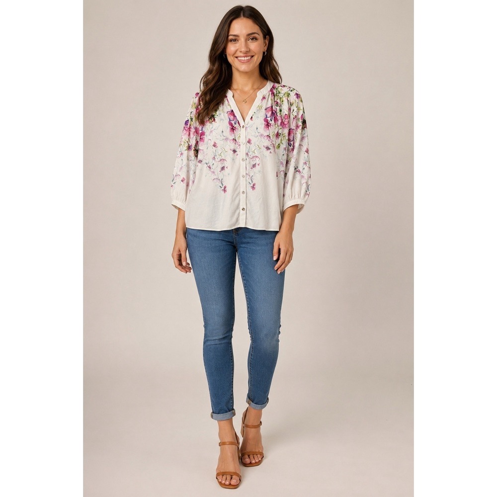 Anthropologie Fig & Flower Floral Peasant Blouse L V-Neck Boho Cottagecore